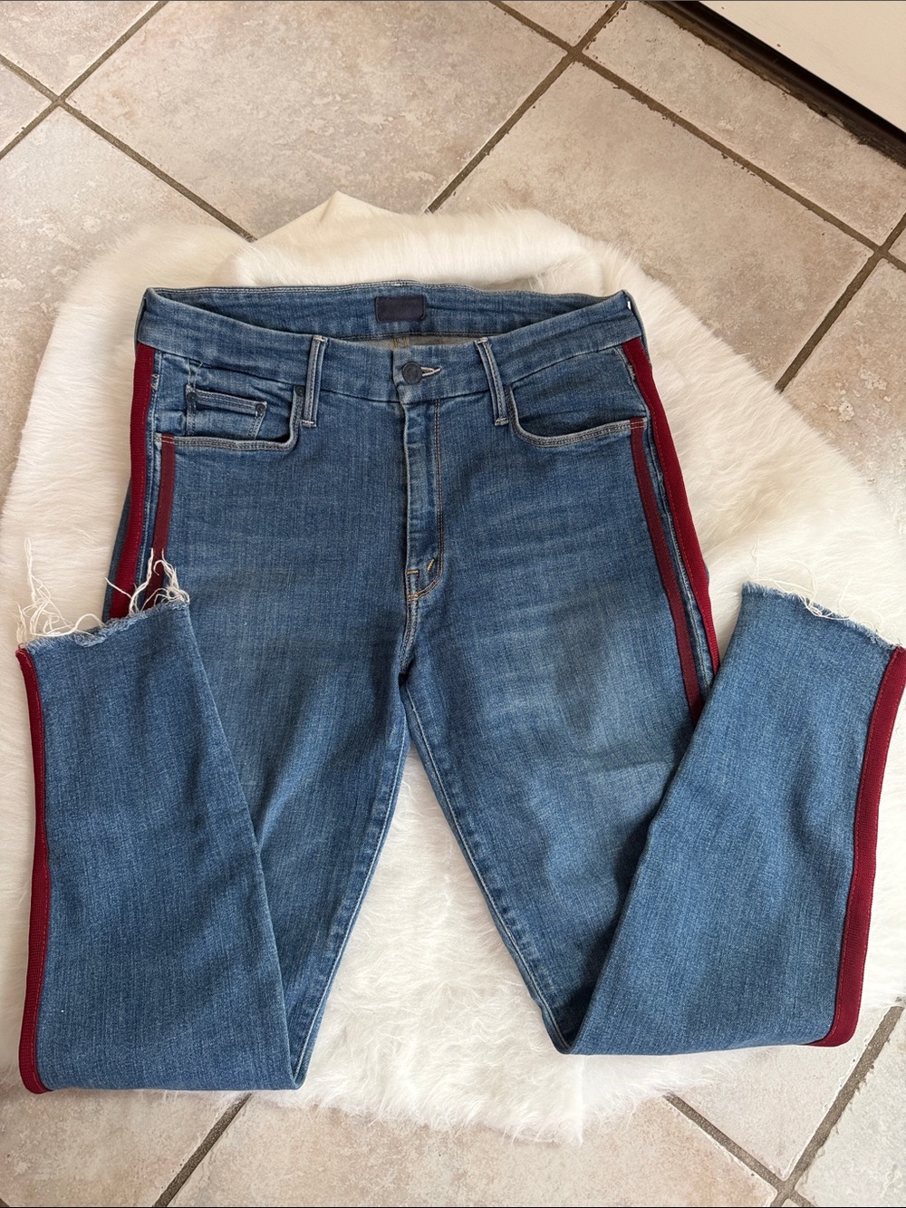MOTHER Straight-Leg Blue Jeans with Burgundy Side Stripe